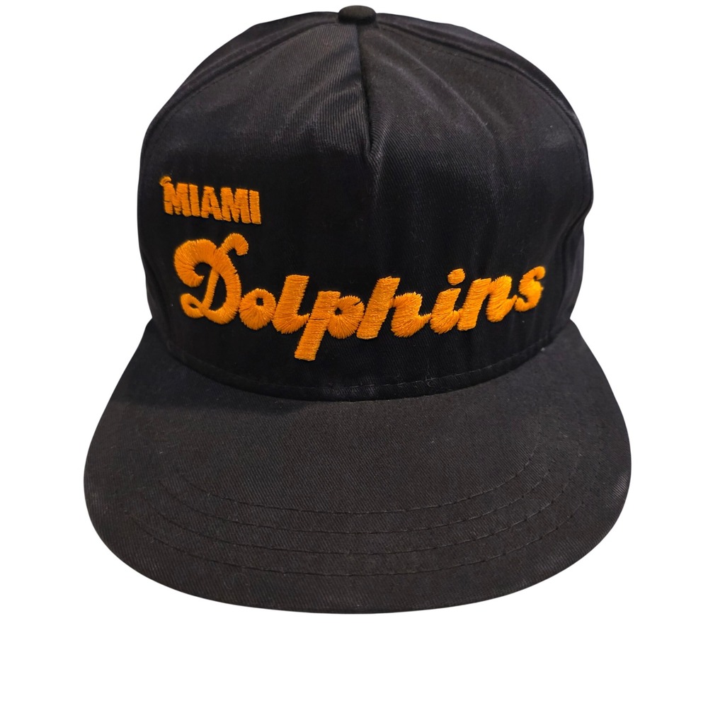 Vintage 80s Miami Dolphins Snapback Hat Black Orange Script Cap AJD Made in USA